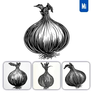 Midjourney Prompt Onion Woodcut Print Black and White Illustration