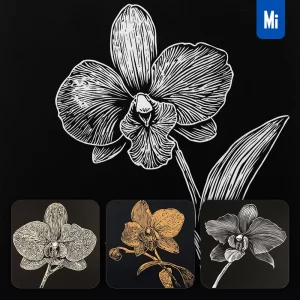 Midjourney Prompt Orchid Flower Black and White Woodcut Print Ink Painting Illustration