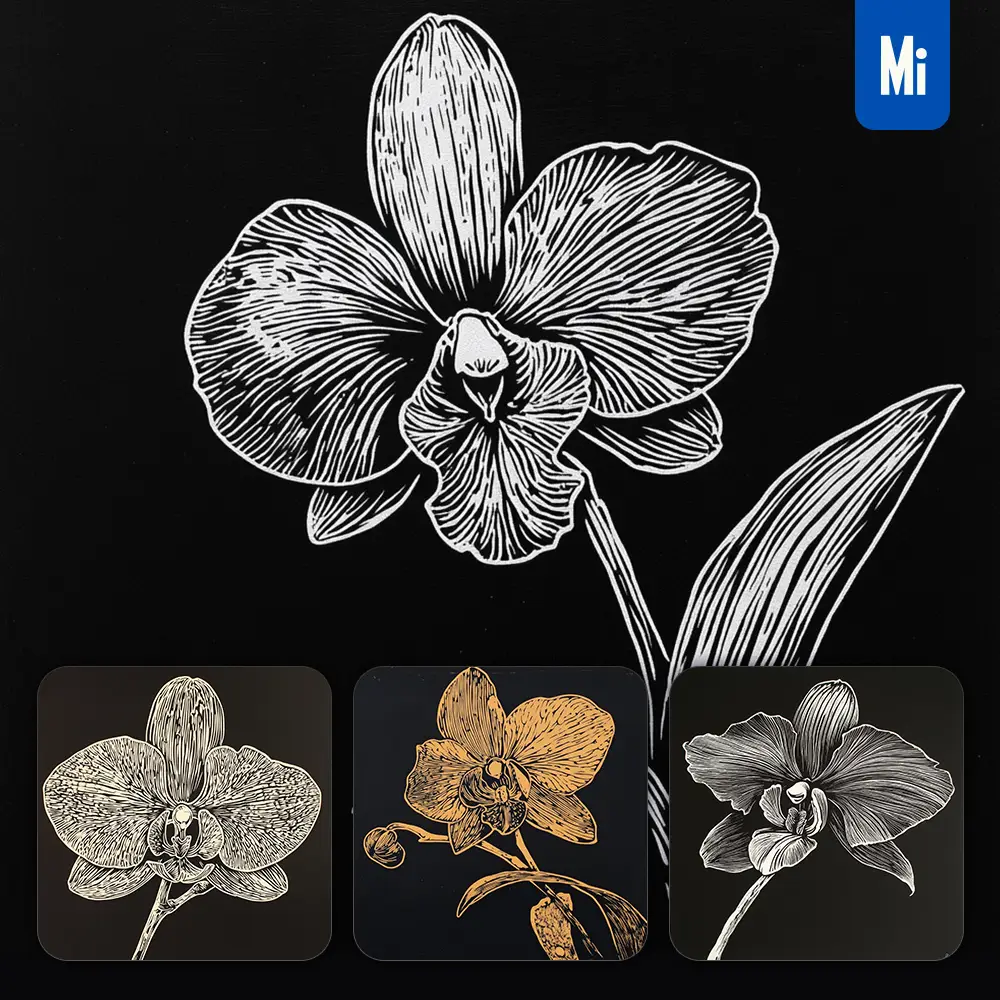 Midjourney Prompt Orchid Flower Black and White Woodcut Print Ink Painting Illustration