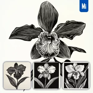 Midjourney Prompt Orchid Flower Woodcut Print Black and White Illustration