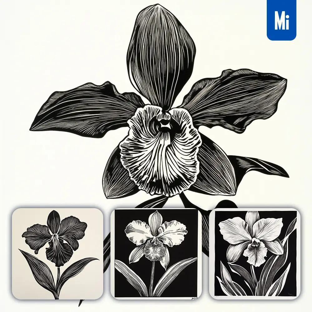 Midjourney Prompt Orchid Flower Woodcut Print Black and White Illustration