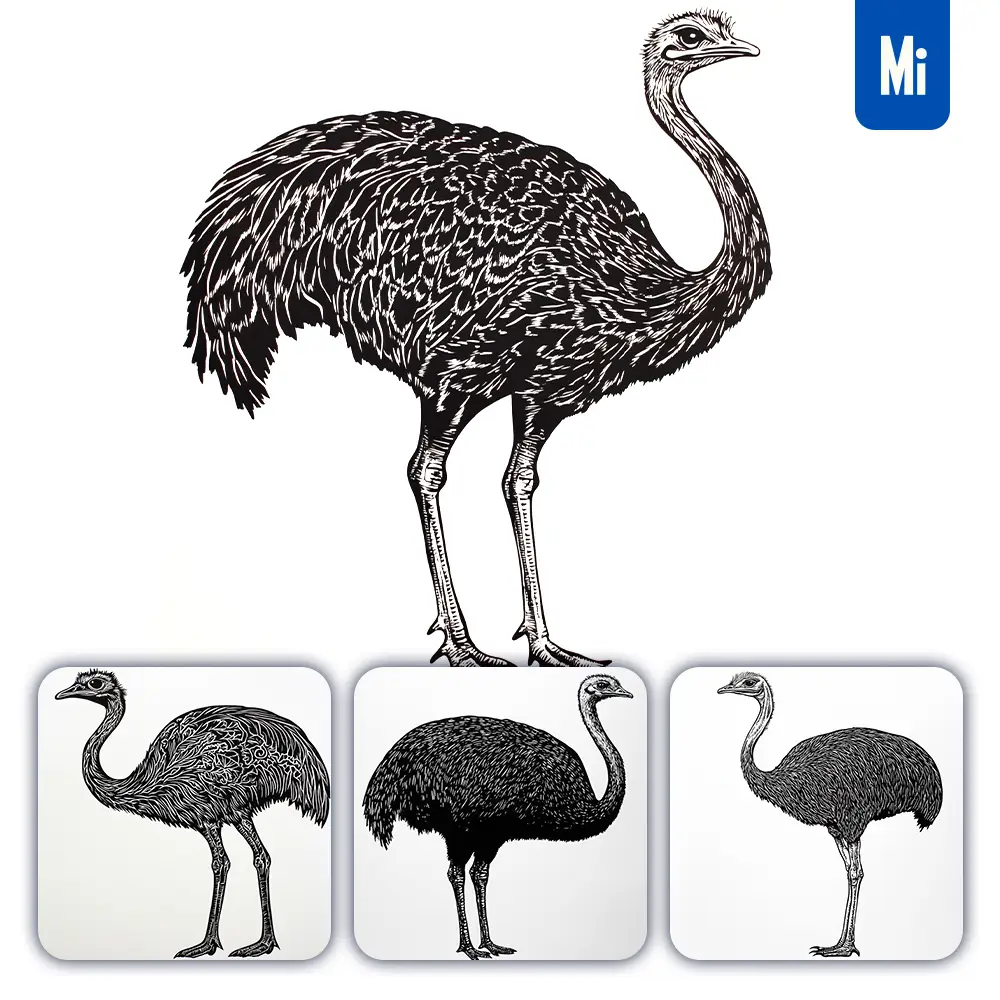 Midjourney Prompt Ostrich Animal Woodcut Print Black and White Illustration