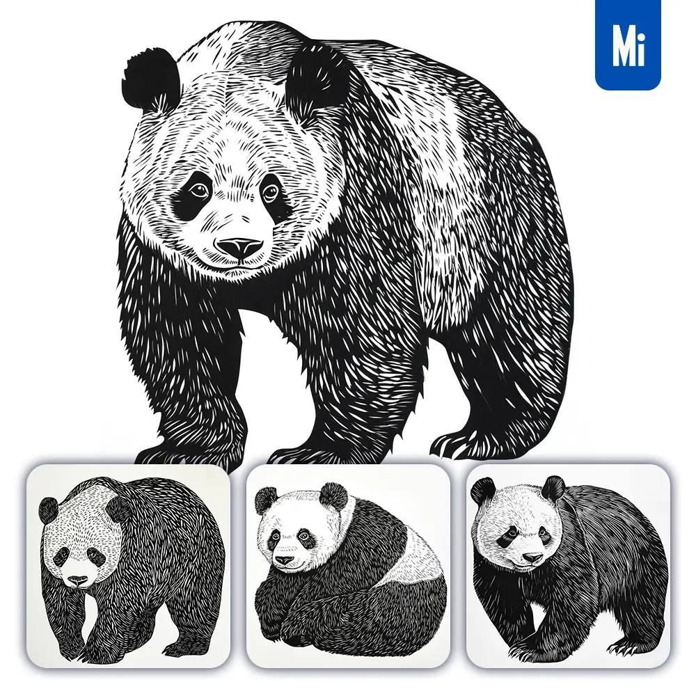 Midjourney Prompt Panda Animal Woodcut Print Black and White Illustration