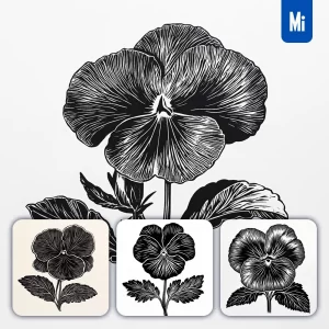 Midjourney Prompt Pansy Flower Woodcut Print Black and White Illustration