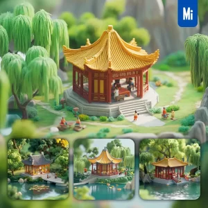 Midjourney Prompt Pavilion Traditional Chinese Architectural Willow Trees Lake Summer 3D Landscape Scene Animation