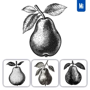 Midjourney Prompt Pear Woodcut Print Black and White Illustration