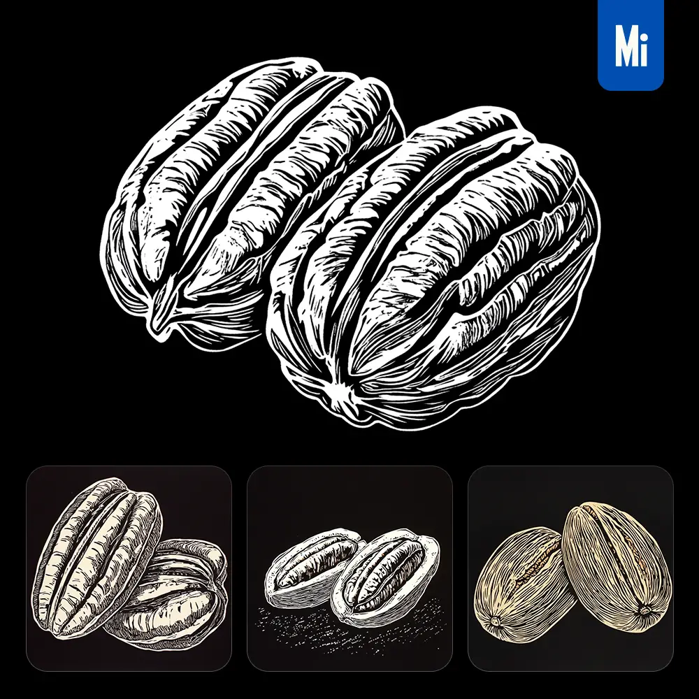 Midjourney Prompt Pecan Black and White Woodcut Print Ink Painting Illustration