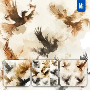 Midjourney Prompt Phoenix Illustration Art Ink Painting Watercolor Smoke Cloud Series