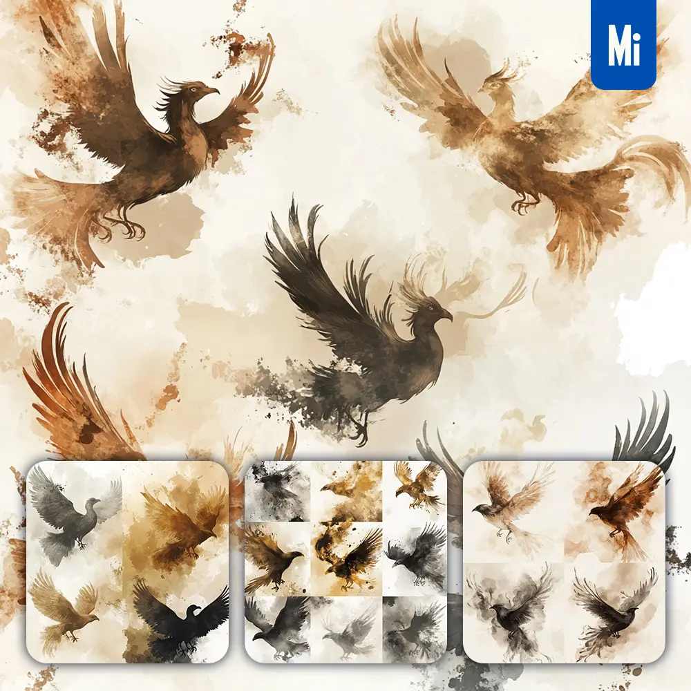 Midjourney Prompt Phoenix Illustration Art Ink Painting Watercolor Smoke Cloud Series