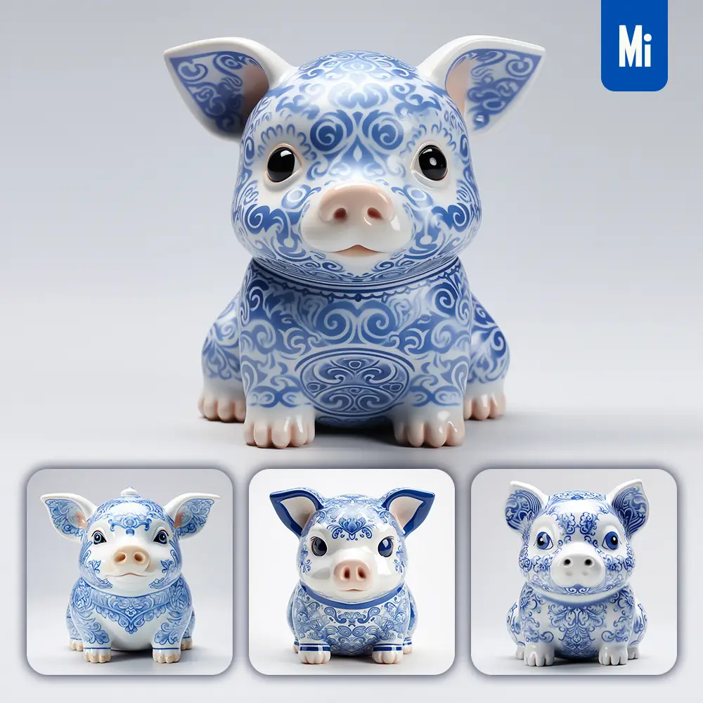 Midjourney Prompt Pig Cute Porcelain Pattern Art Animal 3D Artwork