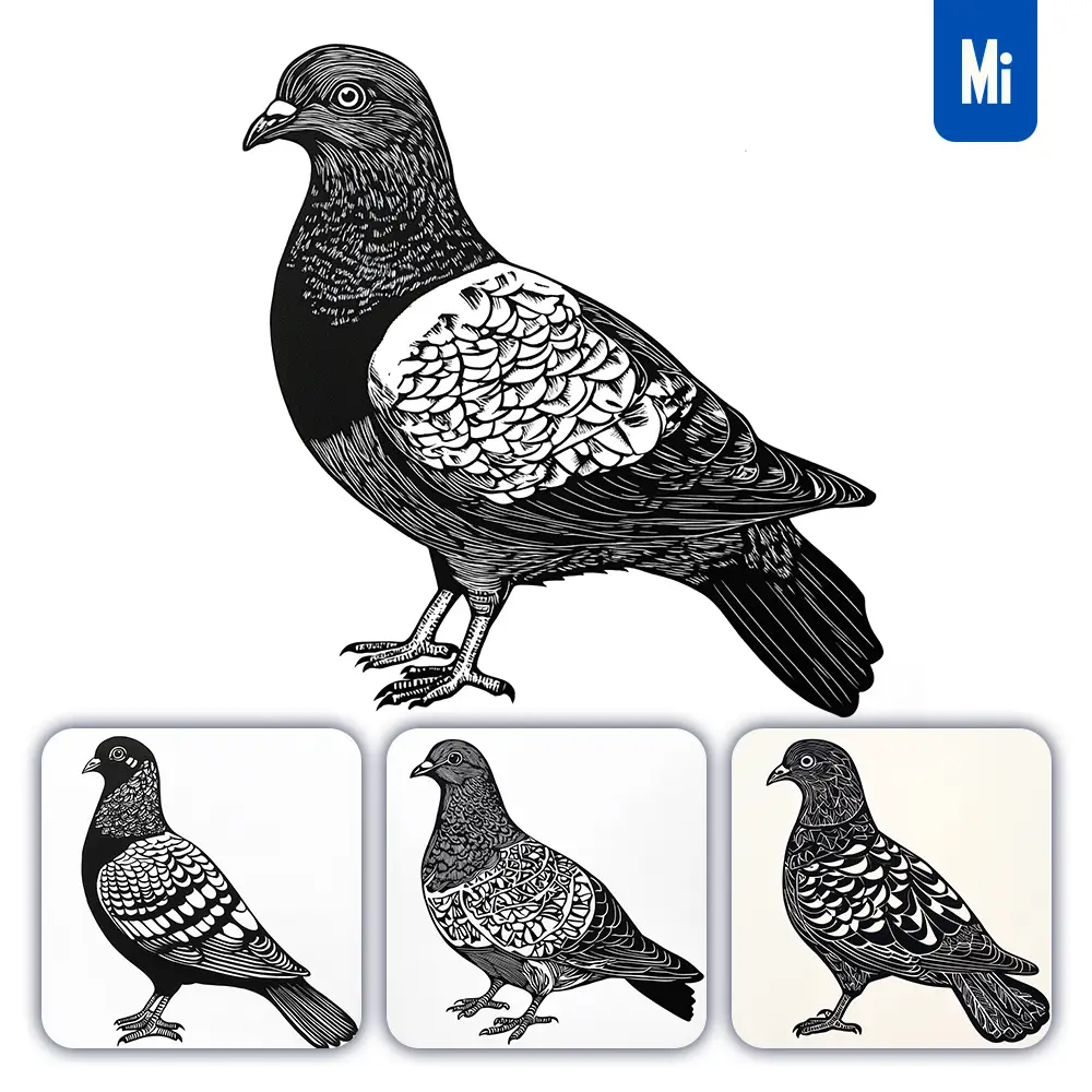 Midjourney Prompt Pigeon Bird Woodcut Print Black and White Illustration