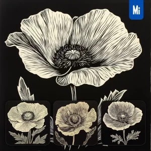 Midjourney Prompt Poppy Flower Black and White Woodcut Print Ink Painting Illustration