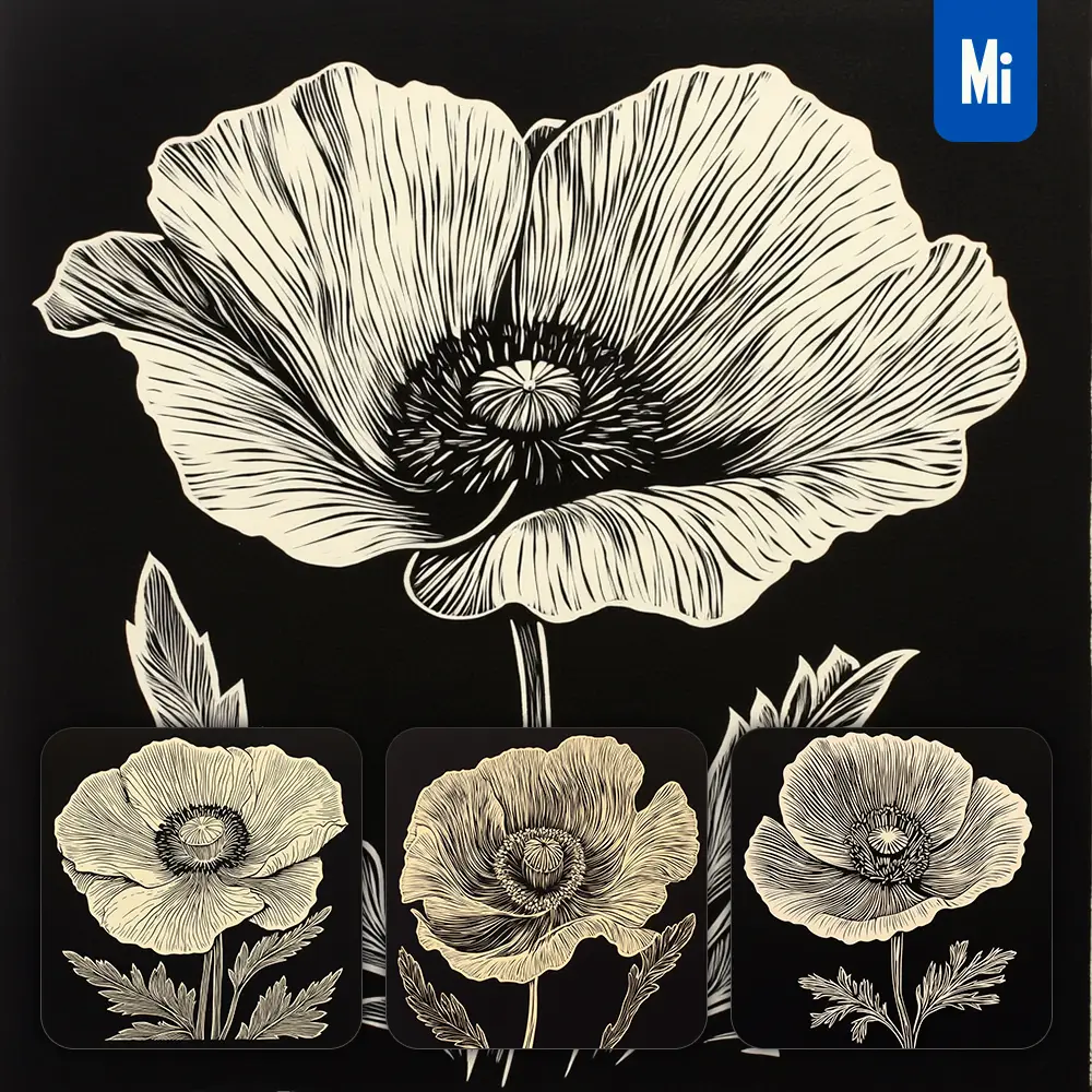 Midjourney Prompt Poppy Flower Black and White Woodcut Print Ink Painting Illustration