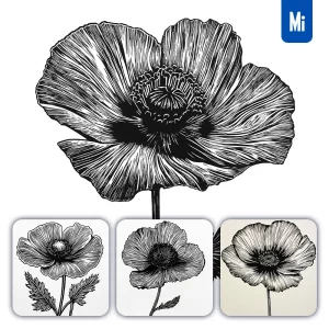 Midjourney Prompt Poppy Flower Woodcut Print Black and White Illustration