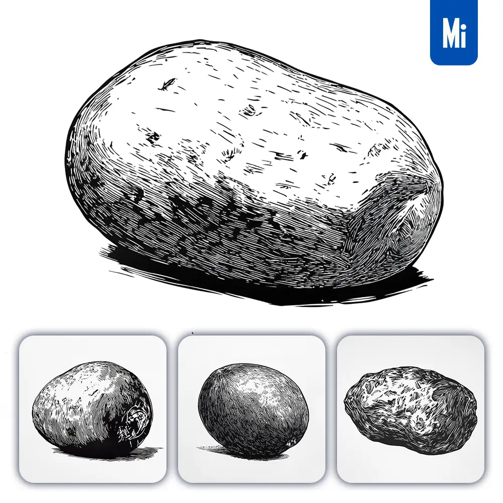 Midjourney Prompt Potato Woodcut Print Black and White Illustration