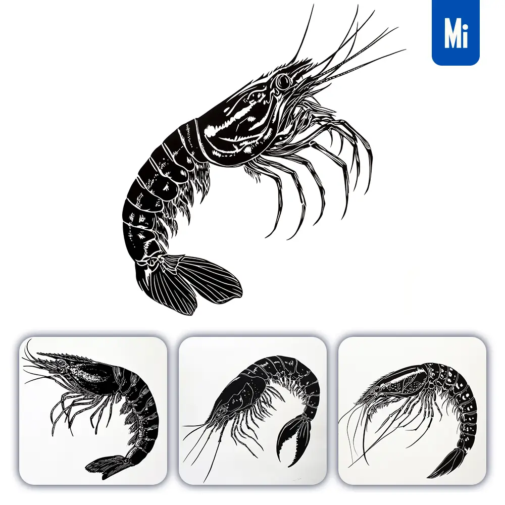 Midjourney Prompt Prawn Woodcut Print Black and White Illustration
