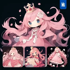 Midjourney Prompt Princess Girl Pink Lovely Queen Crown Dress 3D Cute Doll Cartoon Animation