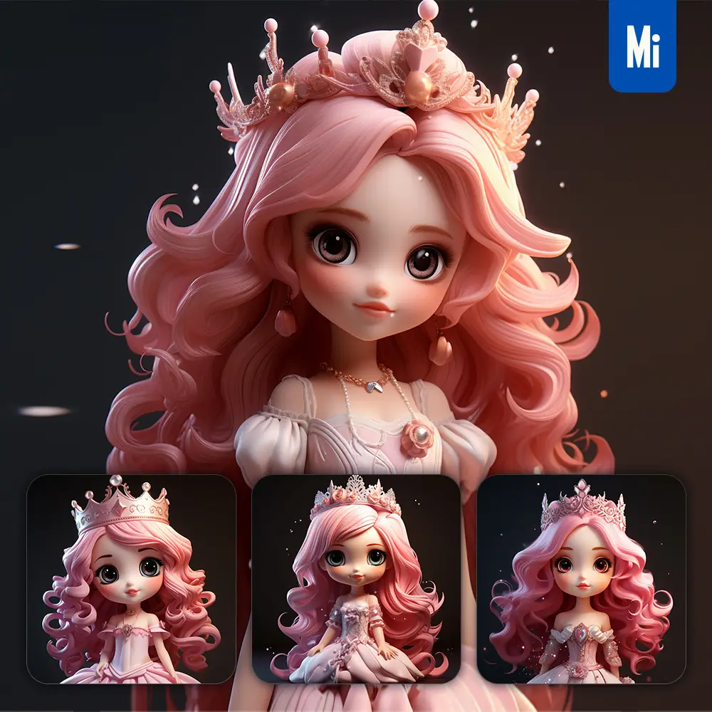 Midjourney Prompt Princess Lovely Queen Crown Pink Dress 3D Cute Doll Blind Box