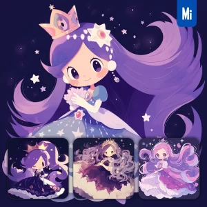 Midjourney Prompt Purple Princess Girl Lovely Queen Crown Dress 3D Cute Doll Cartoon Animation