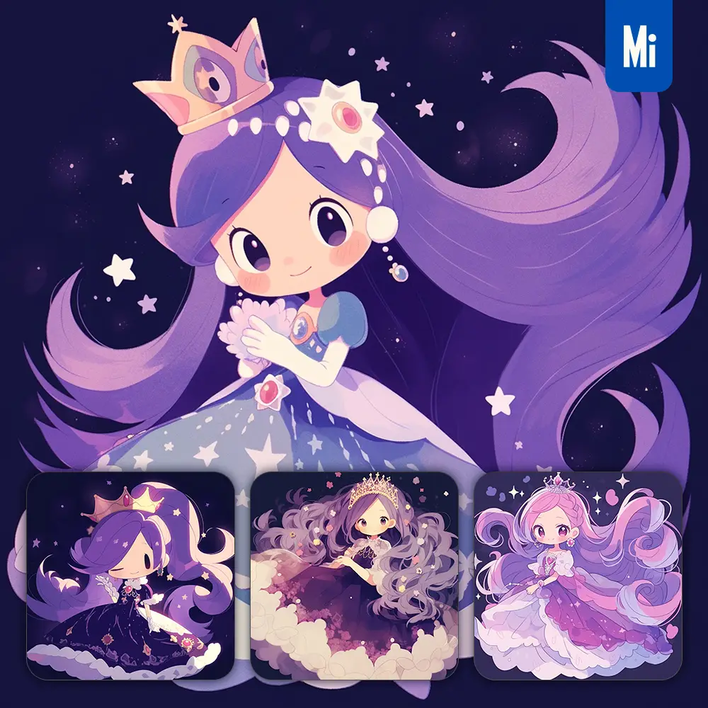 Midjourney Prompt Purple Princess Girl Lovely Queen Crown Dress 3D Cute Doll Cartoon Animation