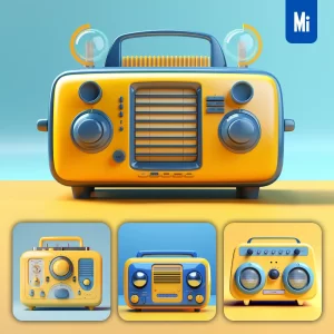 Midjourney Prompt Radio Blue Yellow Retro Industrial Product Functional Design 3D Rendering Photography