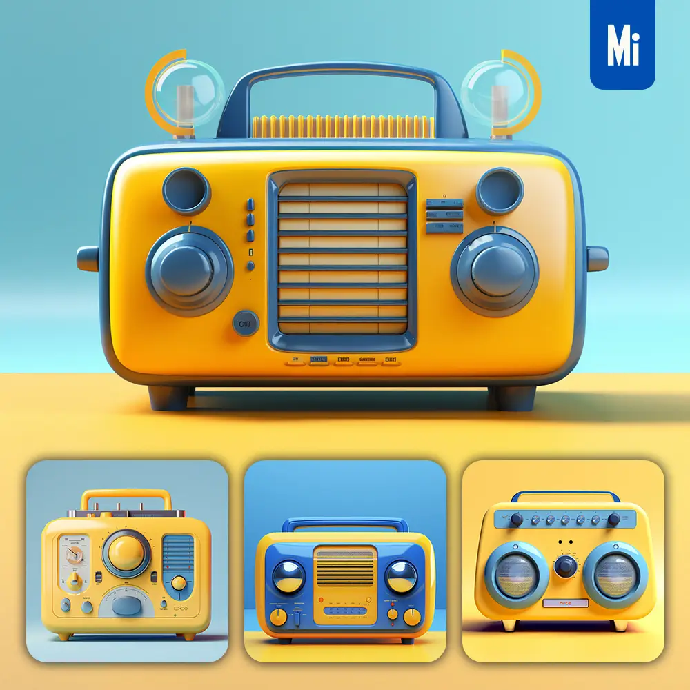 Midjourney Prompt Radio Blue Yellow Retro Industrial Product Functional Design 3D Rendering Photography