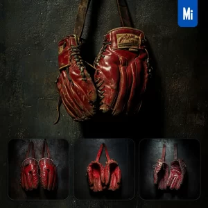 Midjourney Prompt Red Baseball Gloves Cowhide Wall Dark Background Sport Photography