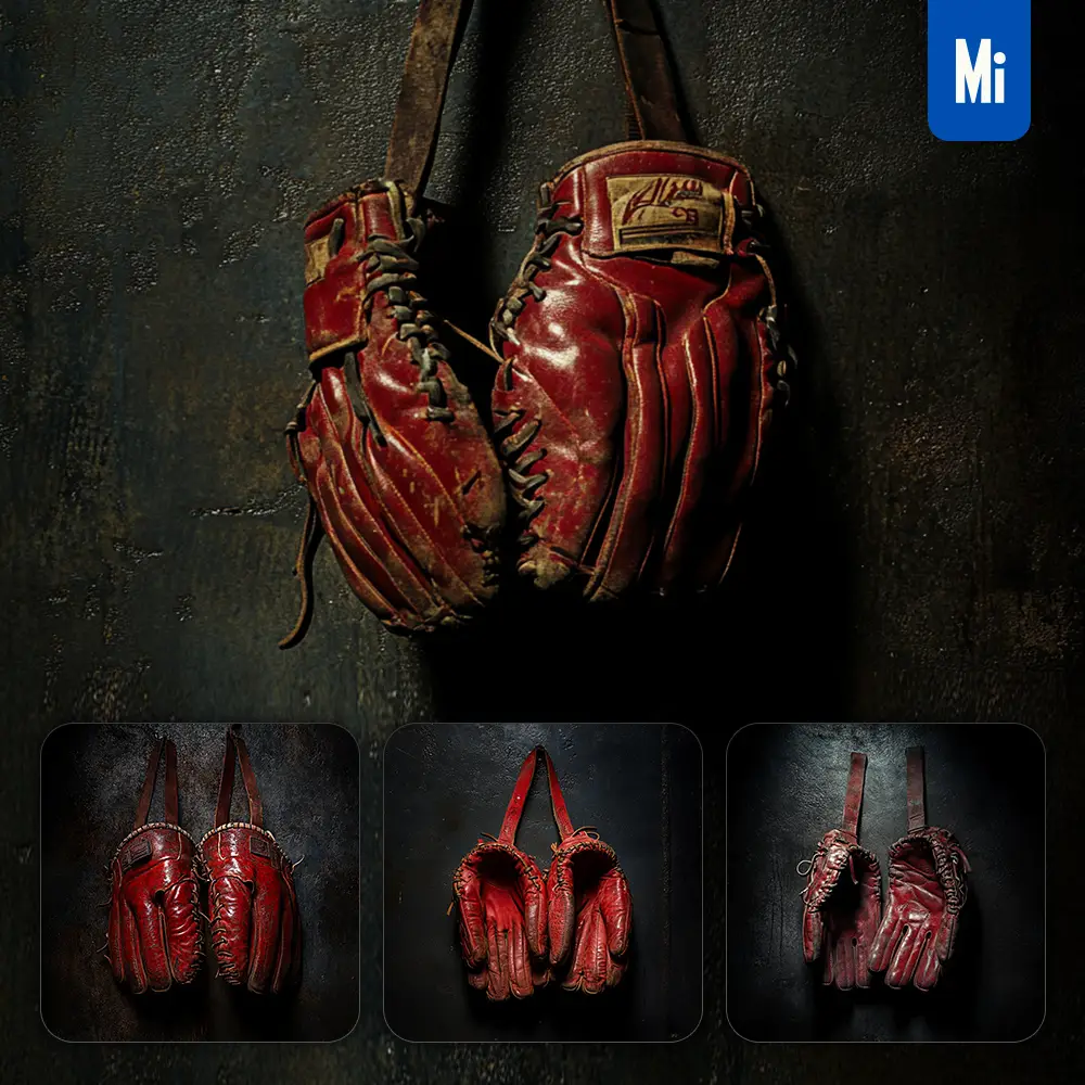 Midjourney Prompt Red Baseball Gloves Cowhide Wall Dark Background Sport Photography
