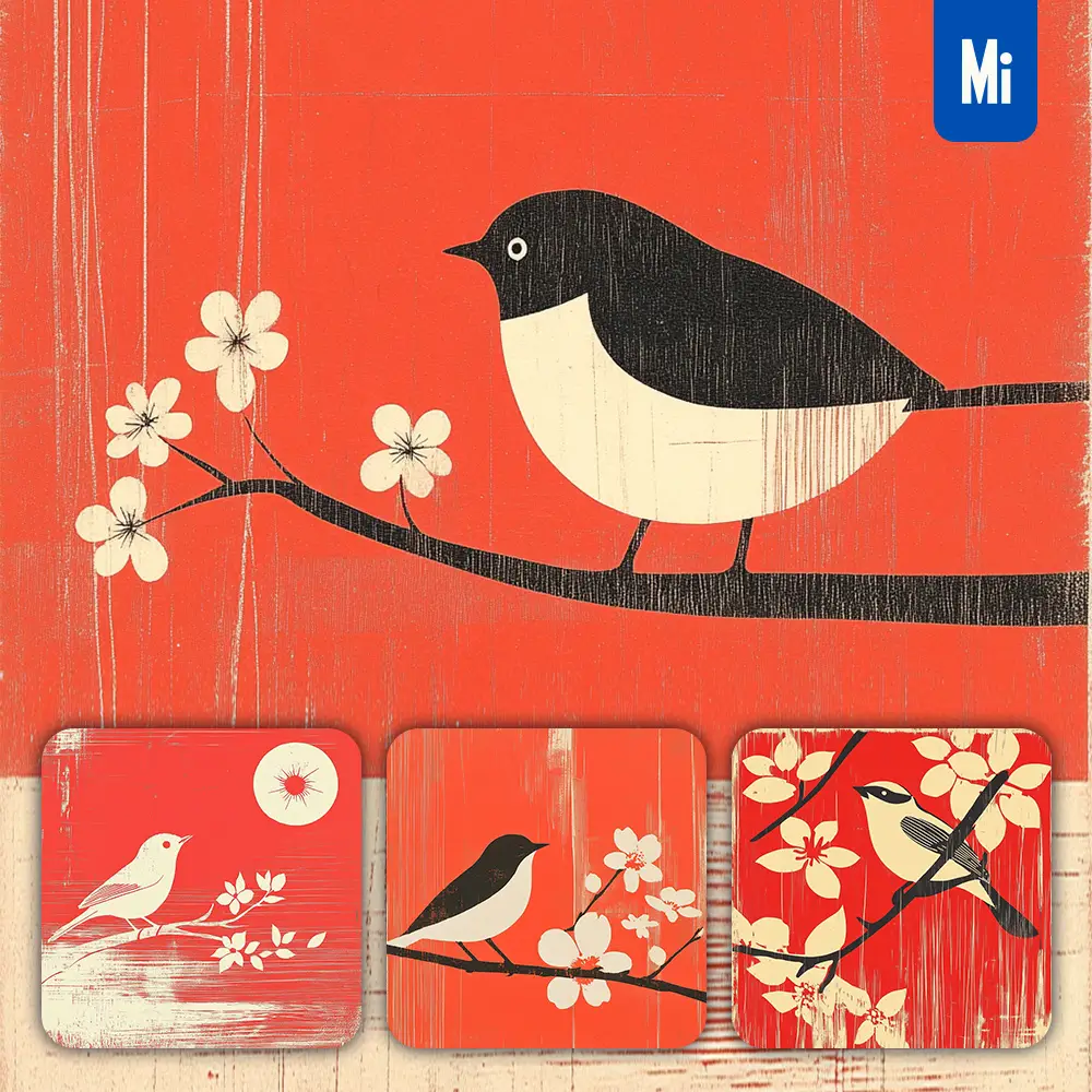 Midjourney Prompt Red Cute Bird Graphic Vector Branch Woodcut Woodblock Print Painting