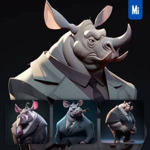 Midjourney Prompt Rhinoceros Boss Man Suit Quirky Brooding Character Design Animation Cartoon