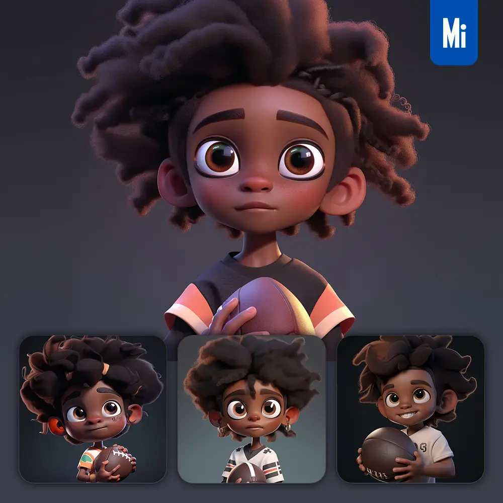 Midjourney Prompt Rugby African American Football Boy Pupil Kids Children 3D Cute Doll Blind Box Cartoon