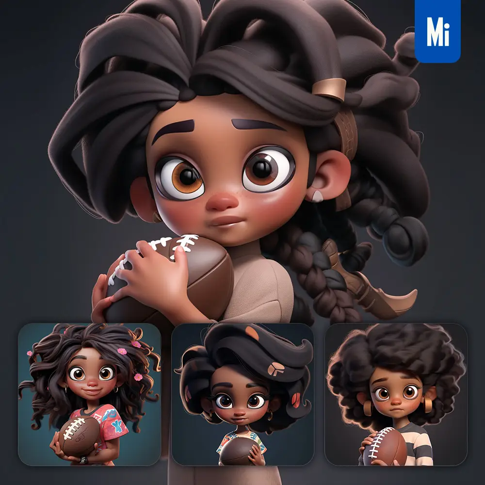 Midjourney Prompt Rugby African American Football Girl Pupil Kids Children 3D Cute Doll Blind Box Cartoon
