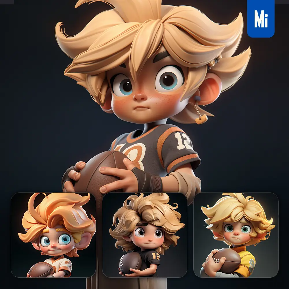 Midjourney Prompt Rugby American Football Boy Pupil Kids Children 3D Cute Doll Blind Box Cartoon