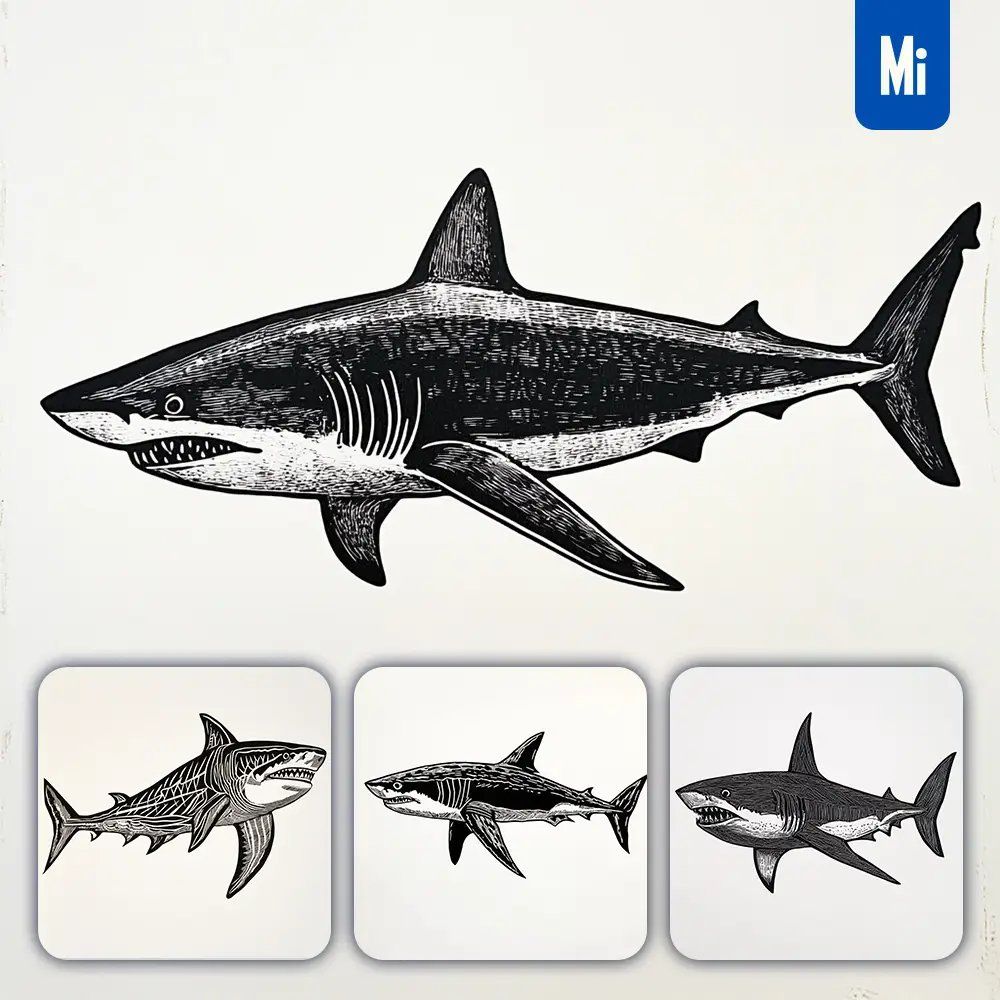 Midjourney Prompt Shark Woodcut Print Black and White Illustration