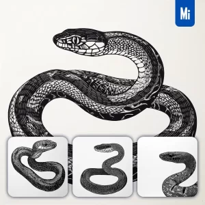 Midjourney Prompt Snake Animal Woodcut Print Black and White Illustration