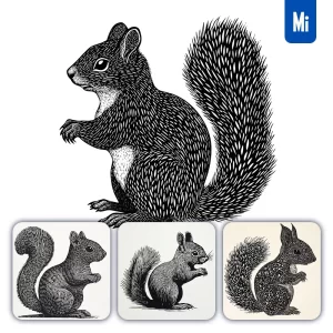 Midjourney Prompt Squirrel Animal Woodcut Print Black and White Illustration