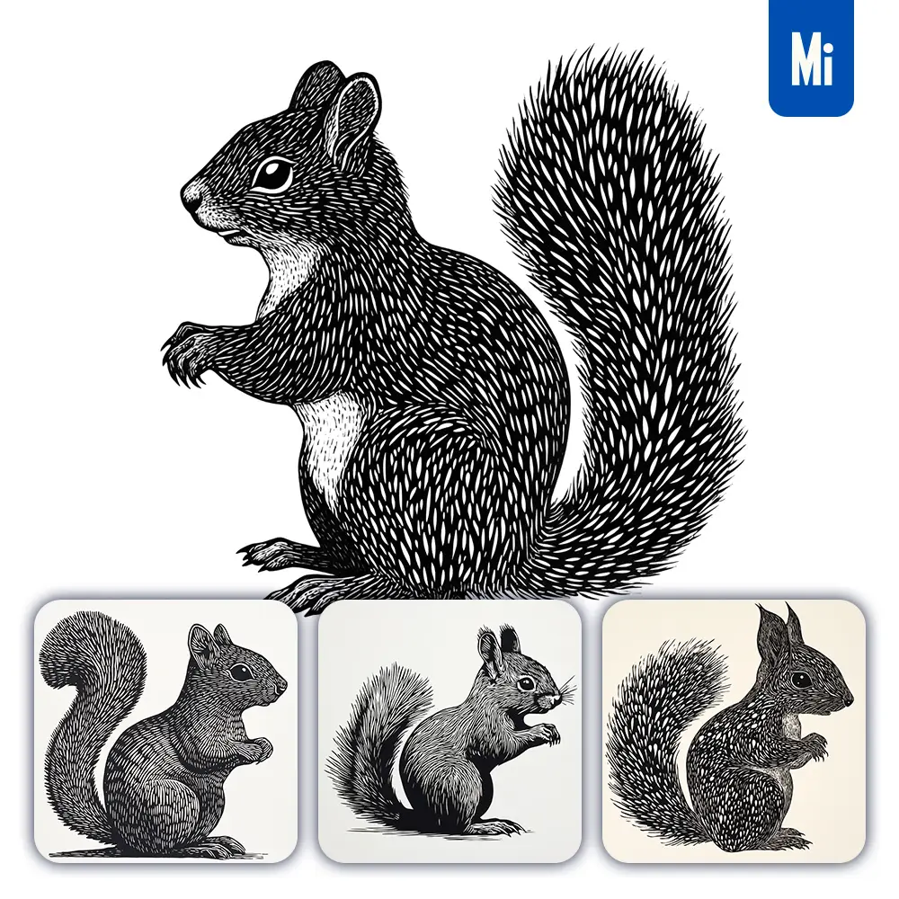 Midjourney Prompt Squirrel Animal Woodcut Print Black and White Illustration