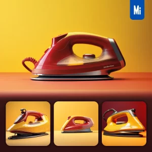 Midjourney Prompt Steam Electric Iron Red Yellow Retro Industrial Product Functional Design 3D Rendering Photography