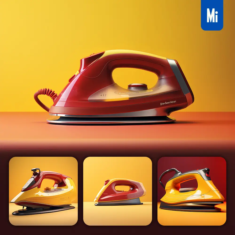 Midjourney Prompt Steam Electric Iron Red Yellow Retro Industrial Product Functional Design 3D Rendering Photography
