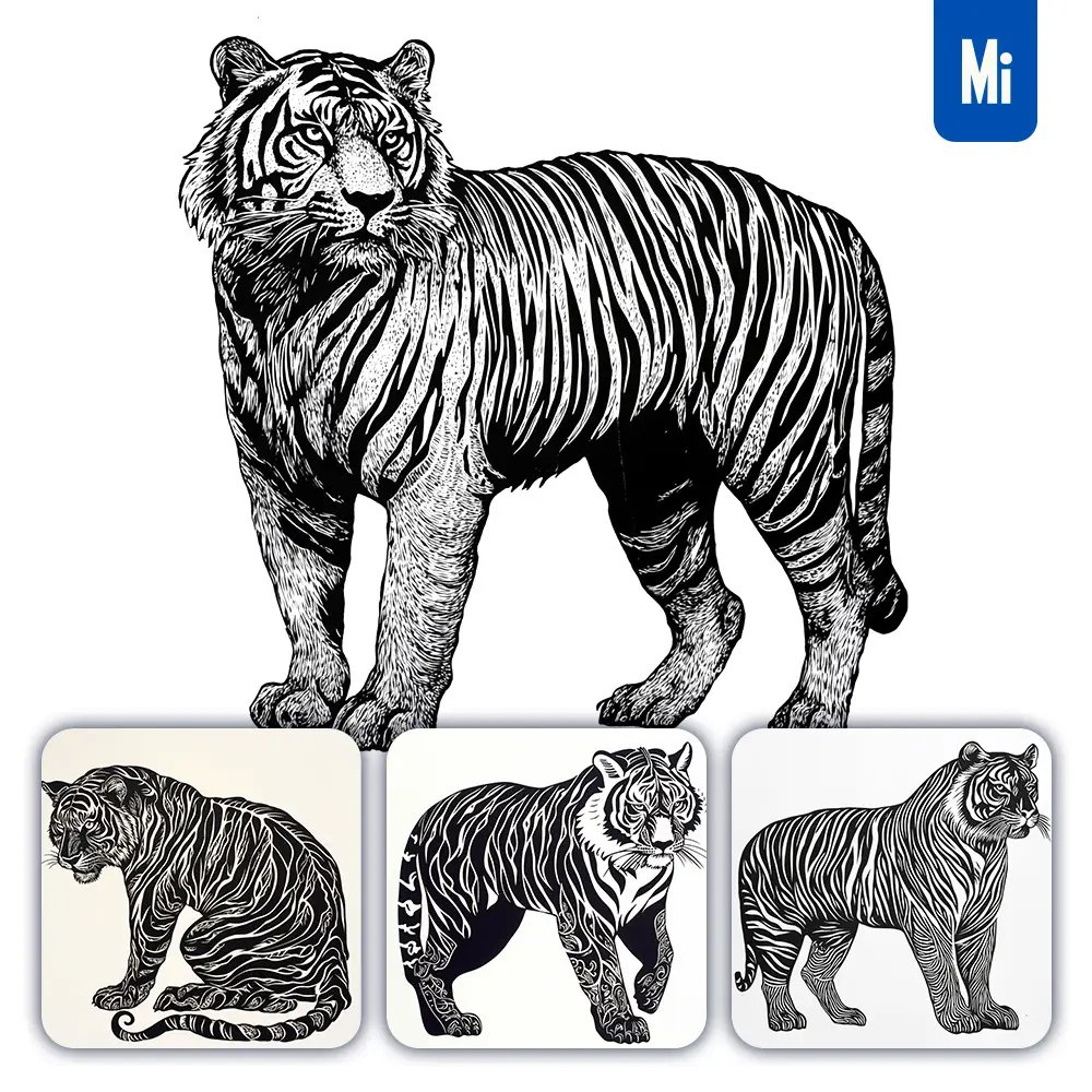 Midjourney Prompt Tiger Animal Woodcut Print Black and White Illustration