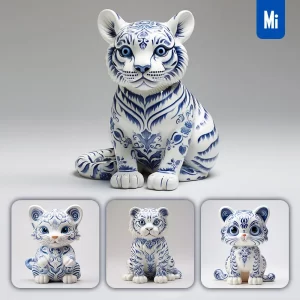 Midjourney Prompt Tiger Cute Porcelain Pattern Art Animal 3D Artwork