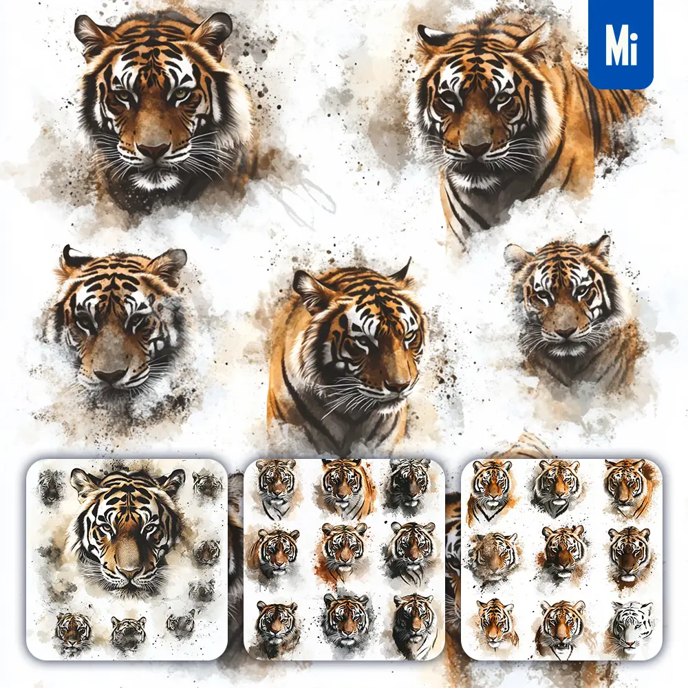 Midjourney Prompt Tiger Illustration Art Ink Painting Watercolor Smoke Cloud Series