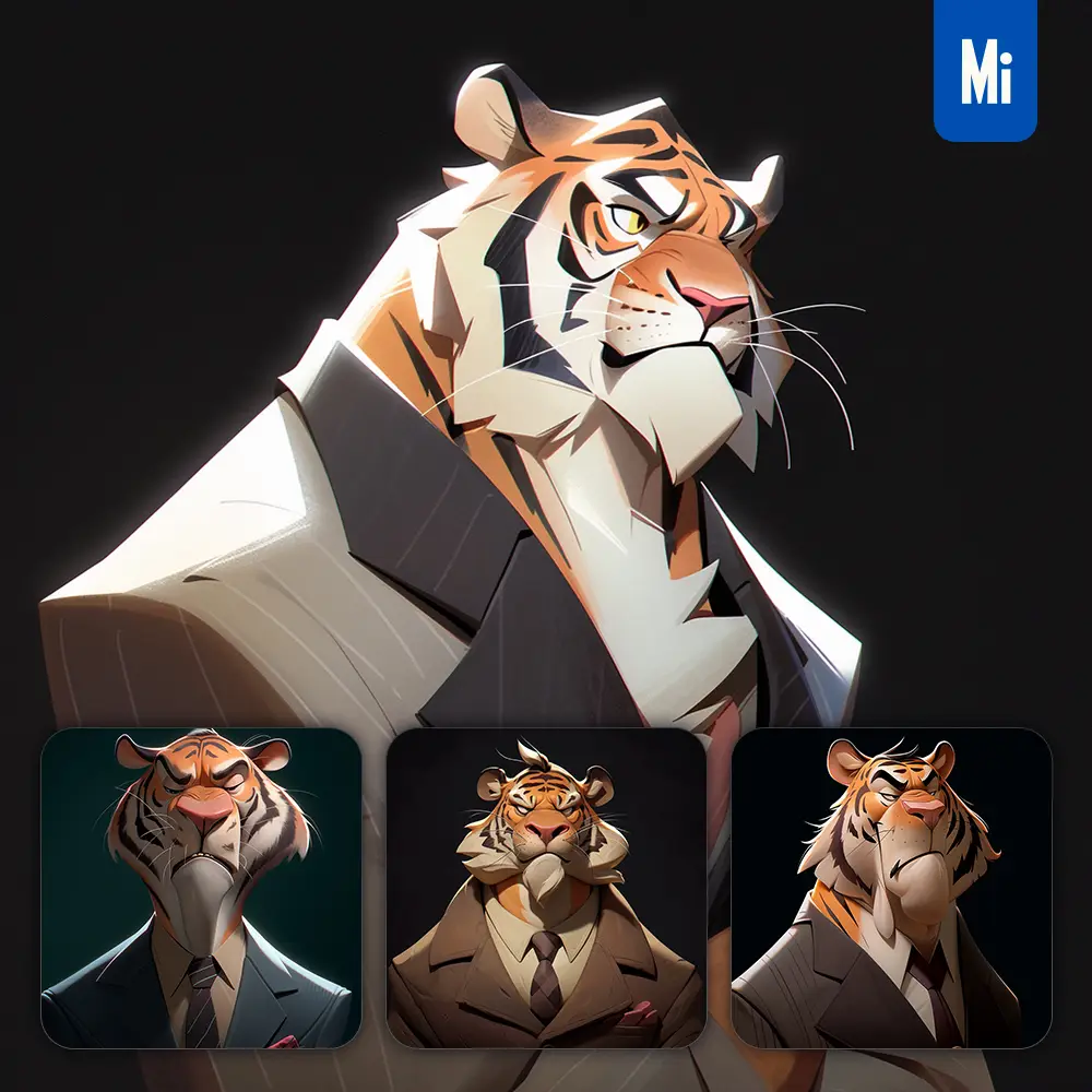 Midjourney Prompt Tiger Man Boss Suit Quirky Brooding Character Design Animation Cartoon