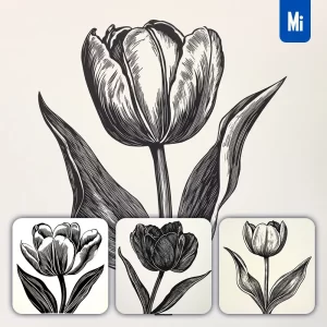 Midjourney Prompt Tulip Flower Woodcut Print Black and White Illustration