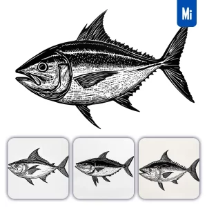 Midjourney Prompt Tuna Fish Woodcut Print Black and White Illustration