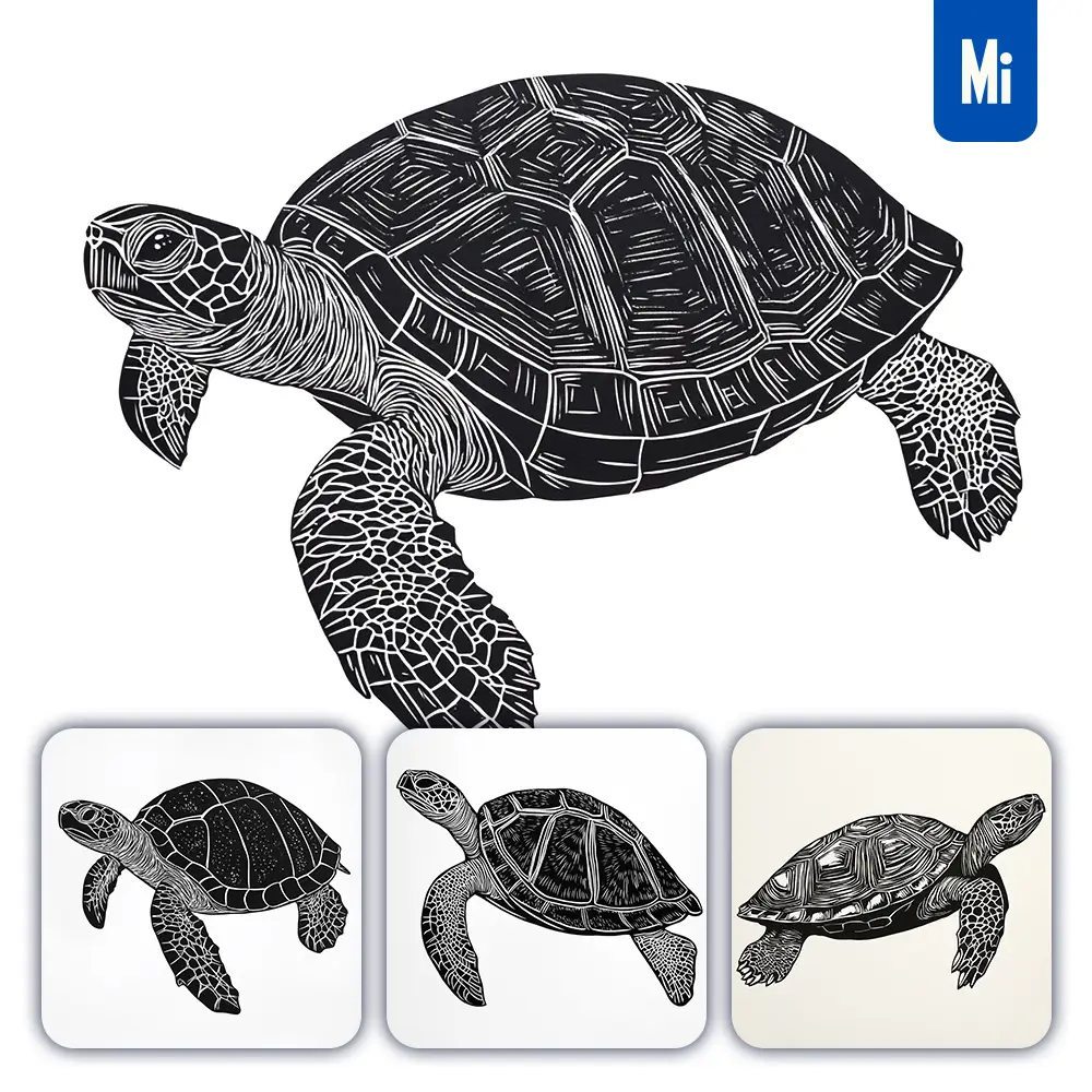 Midjourney Prompt Turtle Animal Woodcut Print Black and White Illustration