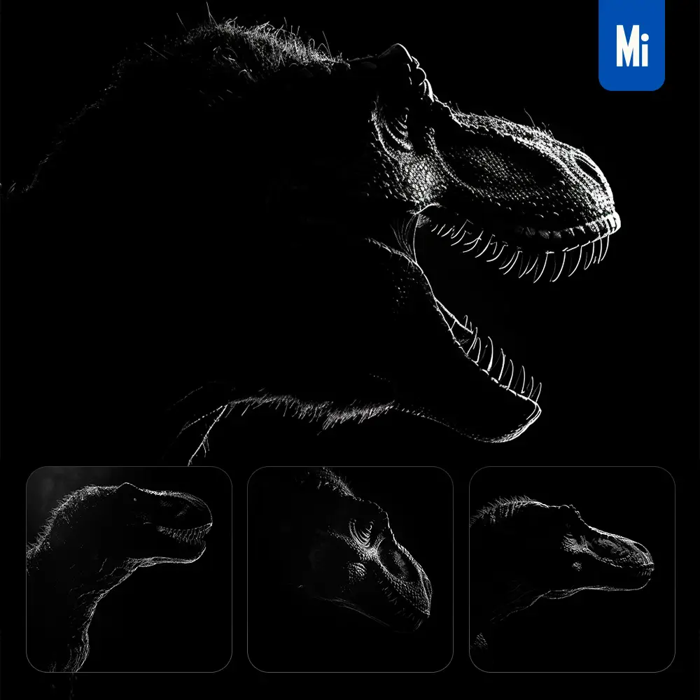 Midjourney Prompt Tyrannosaurus Dinosaur Black White Light Face Head Mysterious Silhouette Photography