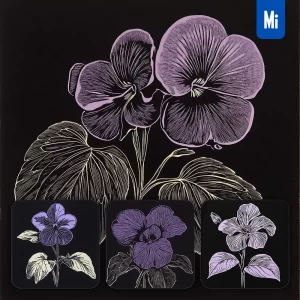Midjourney Prompt Violet Flower Black and White Woodcut Print Ink Painting Illustration