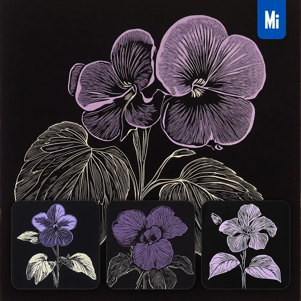 Midjourney Prompt Violet Flower Black and White Woodcut Print Ink Painting Illustration