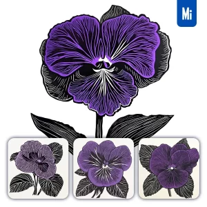 Midjourney Prompt Violet Flower Woodcut Print Black and White Illustration
